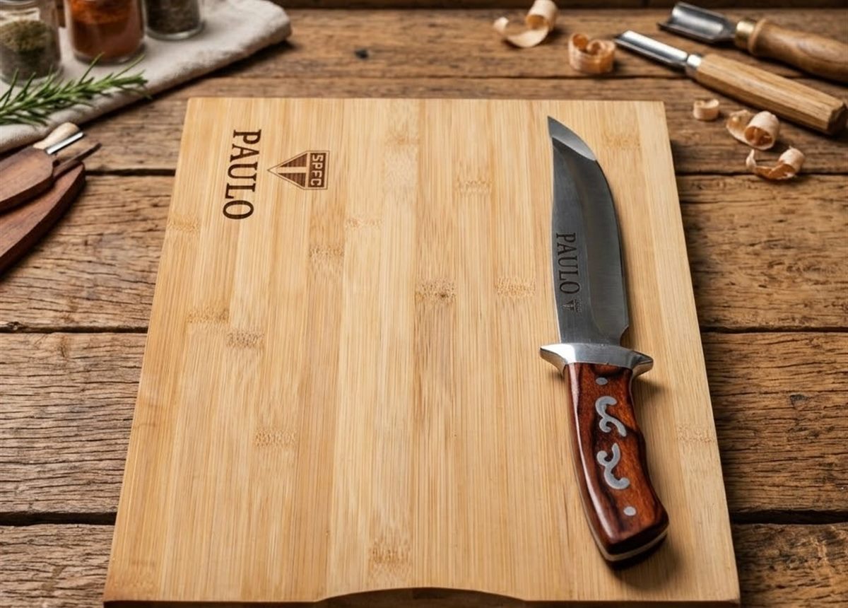 Tábua de cozinha gravada a laser com faca personalizada